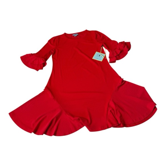 CeCe Cherry Red Elbow Sleeves Tiered Ruffle cuffs Knee Length Dress Size XS NEW - Picture 12 of 14